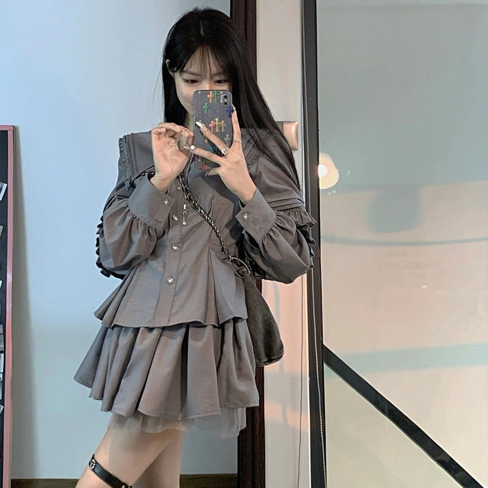 EOS SALT SWEET 2 피스 네이비 칼라 그레이 웨이스트 레이스 셔츠 A-라인 스커트 젠틀 세트