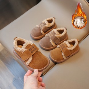 2025 Winter Kidsren's Baby Cotton Shoes Fashionable Letters Fleece-Lined Kidsren's Shoes Lamb Wool Warm Girls Medium and Large Kidsren's Short Boots
