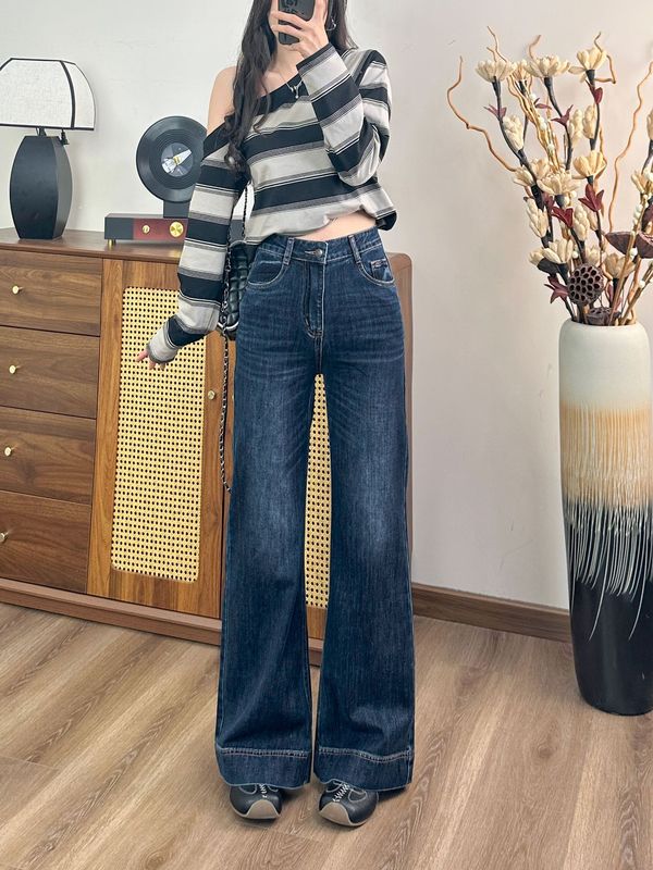 佳伟复古水洗筒喇牛仔裤女蓝灰色喇叭形牛仔裤批发微弹25年初秋款|undefined
