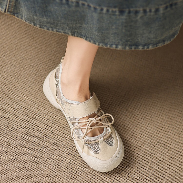 Giày sneaker nữ đế dày ren lưới phối màu cổ thấp — màu trắng ngà