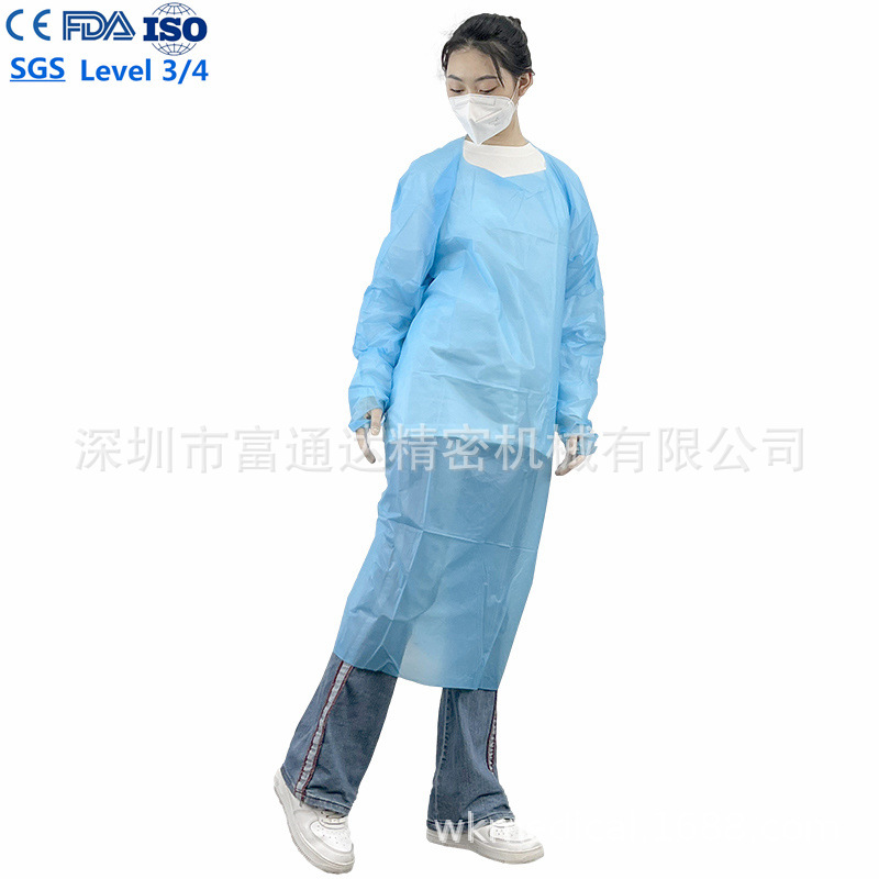 FDA 厂家反穿一次性CPE拇指扣围裙民用防护CPE隔离衣 ASTM F1671