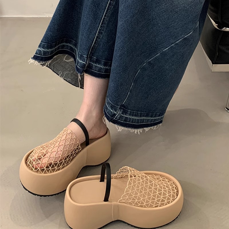 2025 nuevo diseño de verano, malla hueca y transpirable, medio arrastre, suela gruesa, zapatos de plataforma romana, sandalias para mujer