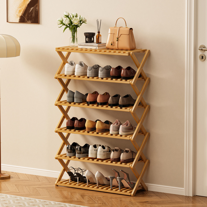 Estante de zapatos plegable de bambú almacenado en el dormitorio de la casa de alquiler multicapa simple sin instalación en la puerta