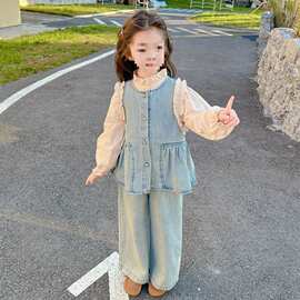 女童洋气花边牛仔套装春秋季新款时髦中小童宝宝三件套儿童秋装潮