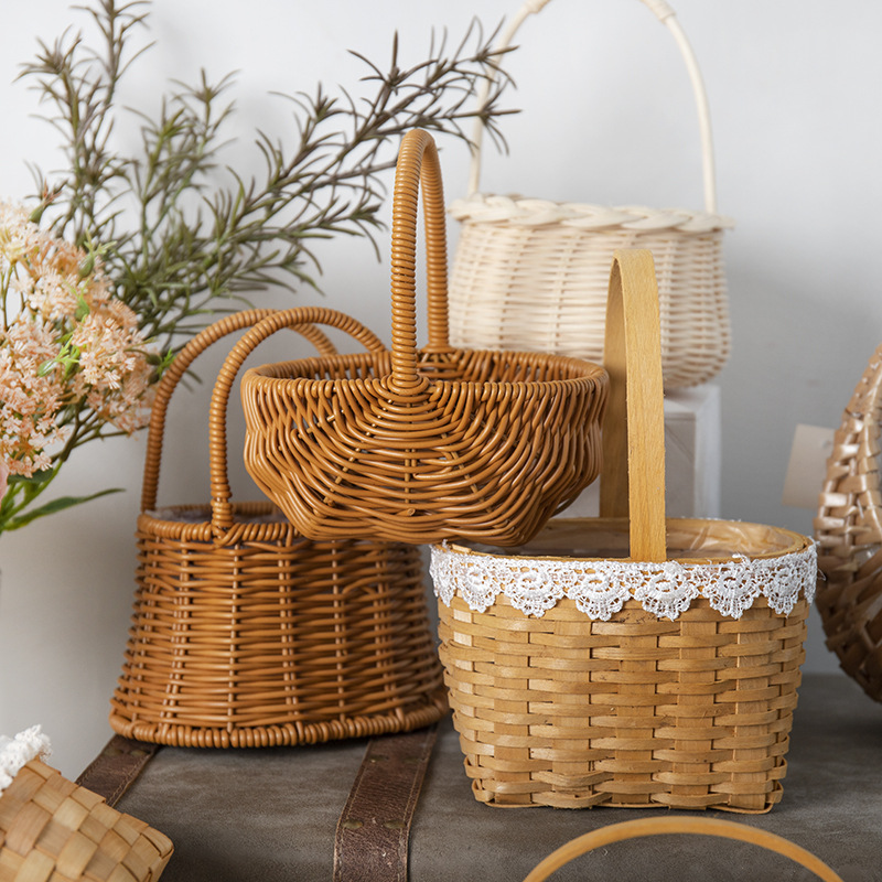 节日手工竹编花篮鲜花插花手提篮藤编水果篮花店礼品礼物花篮批发