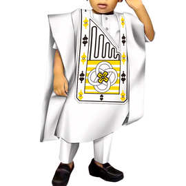 跨境货源非洲男童绣花袍子套装dashiki男孩T恤 袍子和裤子三件套