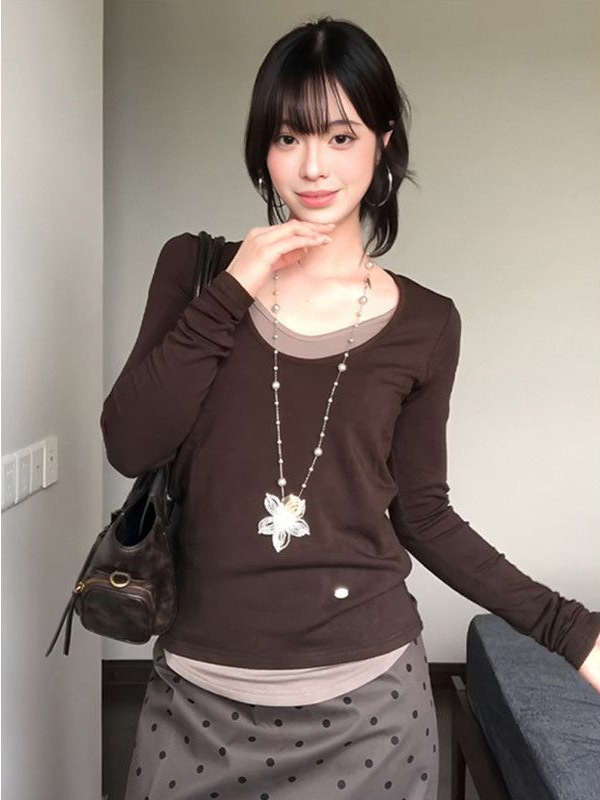 韩系慵懒假两件U领长袖T恤女秋季修身显瘦别致撞色拼接打底衫上衣|undefined
