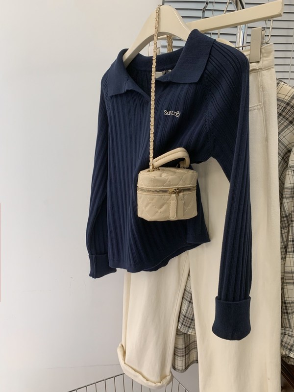 藏青色polo领针织衫女早秋季秋冬内搭打底衫薄款翻领针织上衣毛衣|undefined
