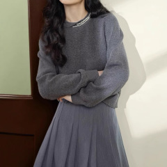 灰色珍珠针织衫2025新款女秋毛衣长袖打底衫内搭黑色上衣