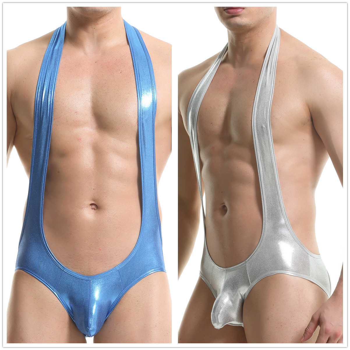 Cross-border new men's underwear patent leather sexy wrestling suit jumpsuit backless sexy neck back empty triangle 2312