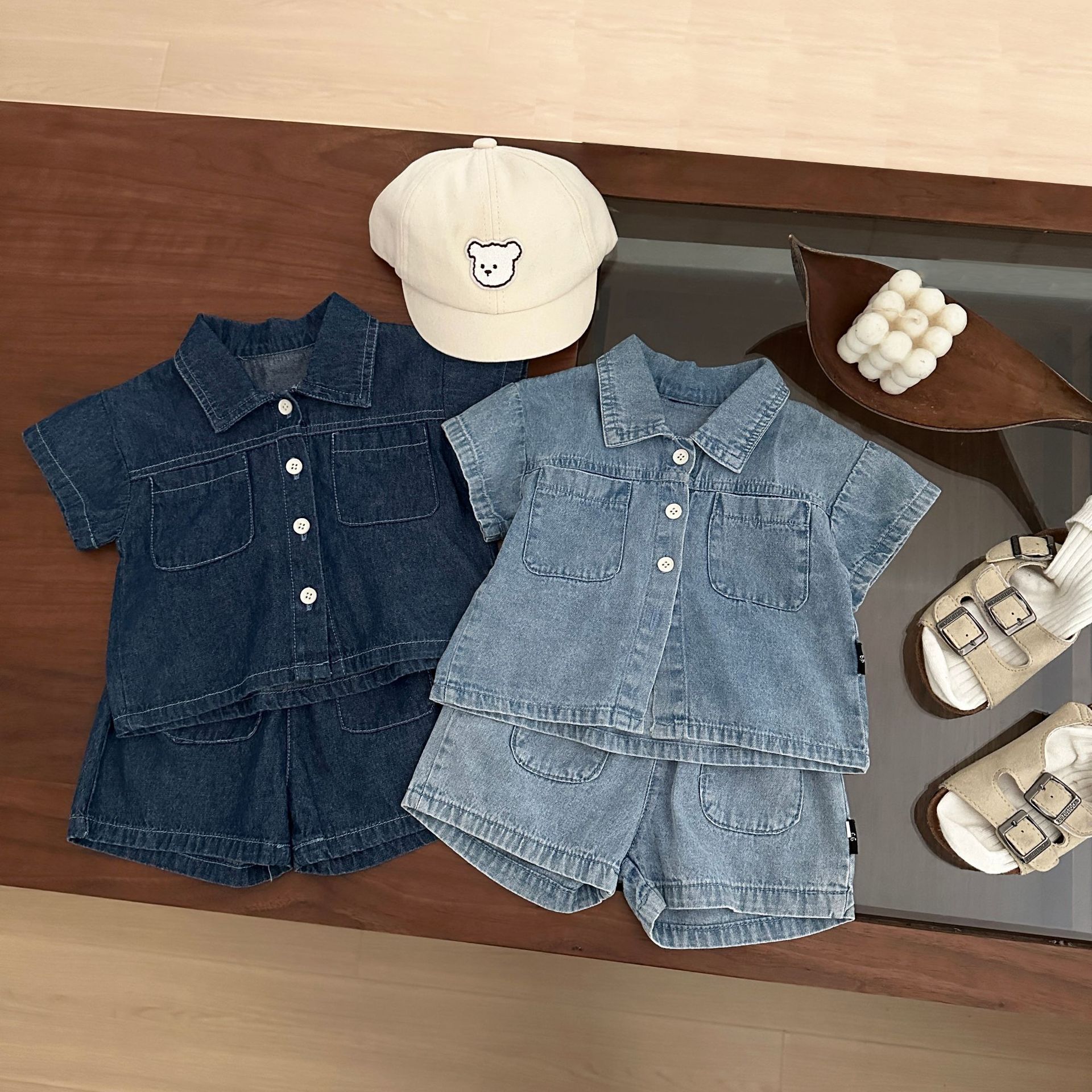 Boys' Summer Short-sleeved suit Korean-style Handsome Female Baby's Summer Denim Shirt Shorts Fashion Split Two-piece Set