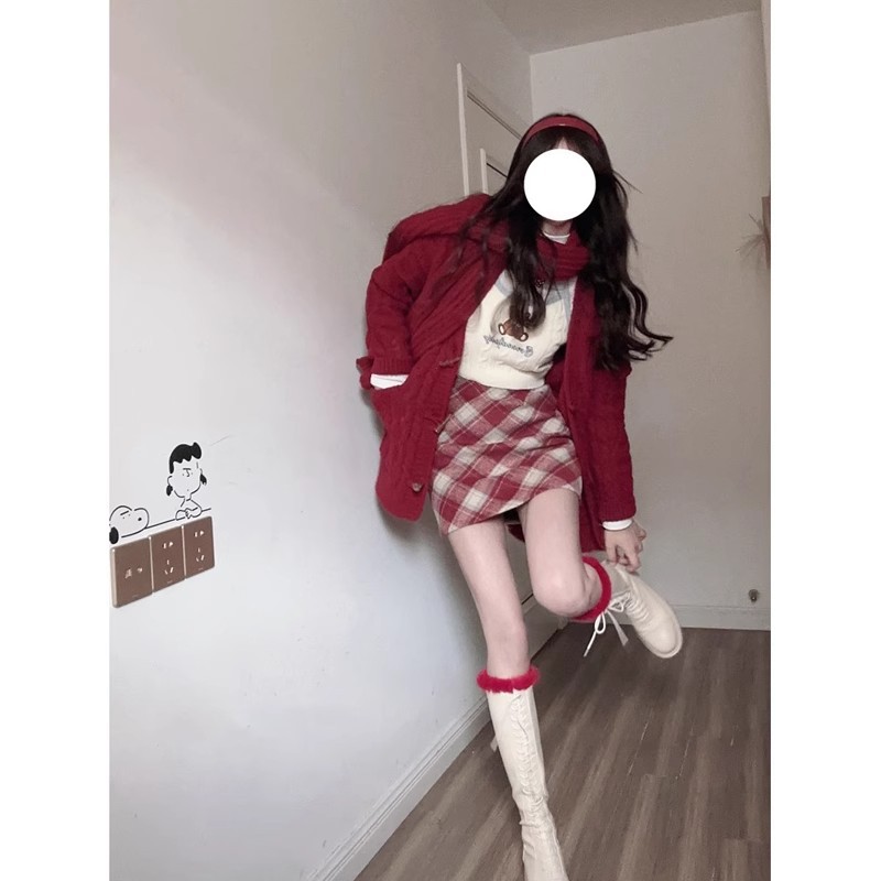 毛呢A字短裙秋冬半身格子短裙女韩版新款高腰修身a字包臀裙