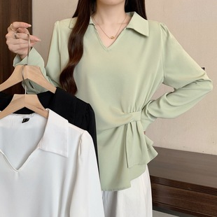 2024 Early Autumn New chubby girl plus size French Elegant Commuter Shirt Tight Waist Slimming Inner Small Shirt Top