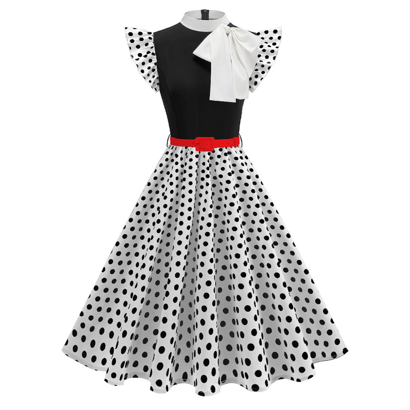 Amazon Cross-Border European and American Retro Dress for Women 2025 New Hepburn Printed Floral Polka Dot Bow Skirt