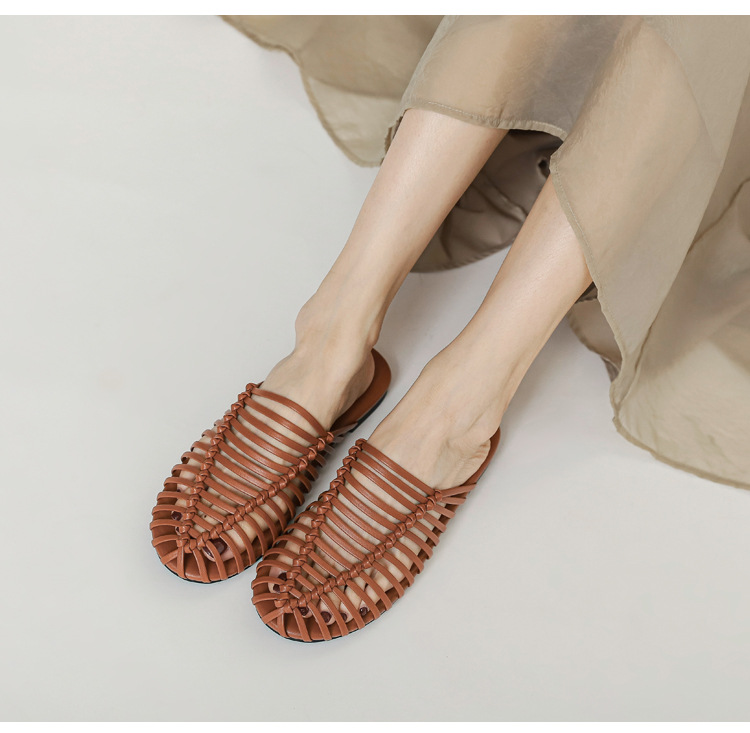 Hand-woven Open-toe Hollow Flat Mule Sandals For Summer Outdoor Wear, Lazy Slip-on Women's Shoes_vogvips.com