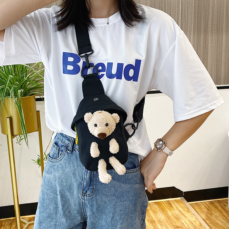 Cute bear canvas chest bag for kids, Korean-style cartoon doll crossbody bag, unisex, small outdoor bag, coin purse