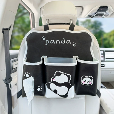 and white mat car leather – Chair back anti-kick pad - seat-back-storage-bag-wall-climbing-panda-three-dimensional-style-print-leather-blackwhite