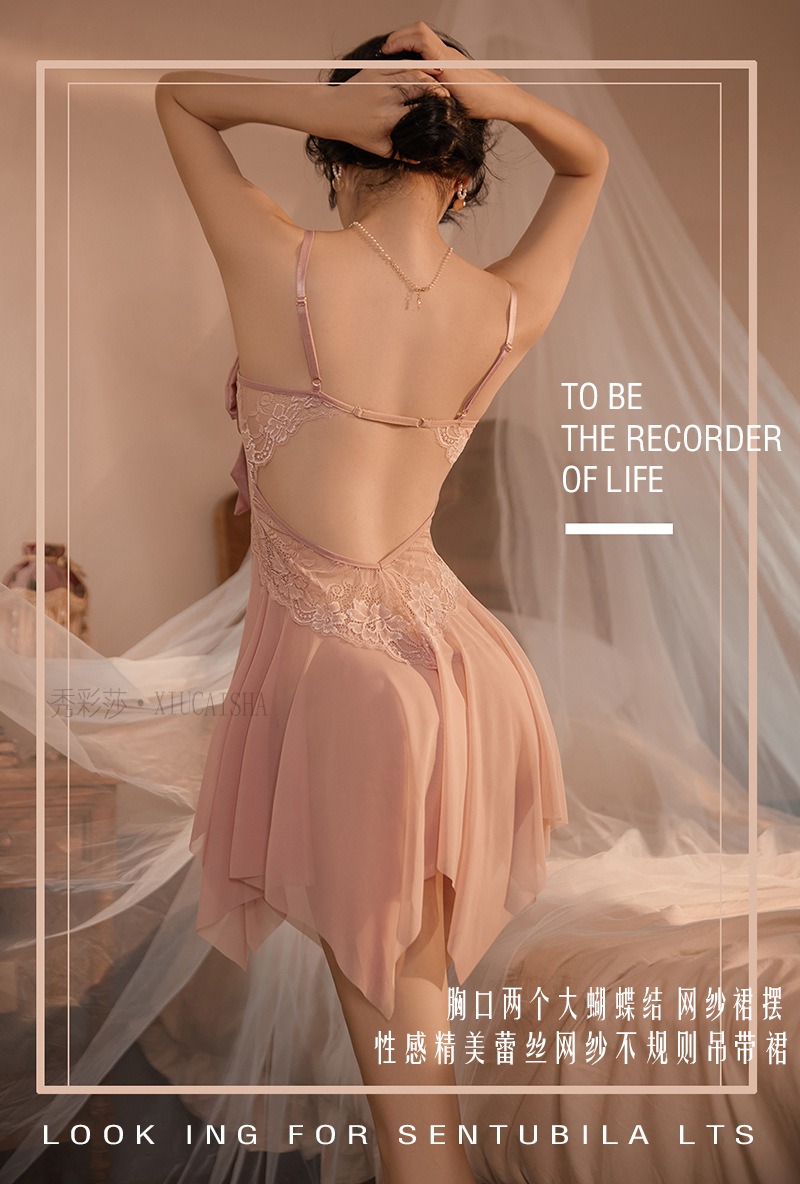 Pink Mesh Babydoll Nightdress Set with Robe and Halter Top, One Size — detail image 2