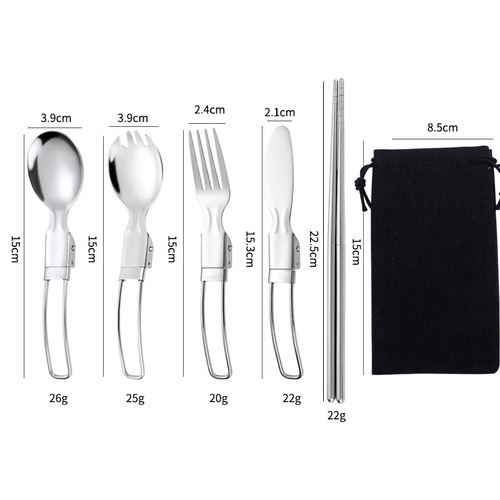 304 stainless steel folding tableware set, folding knife, fork and spoon, detachable chopsticks, cross-border outdoor portable tableware bag