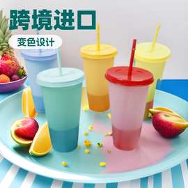 跨境爆款大小号感温遇冷变色杯pp塑料吸管杯时尚水杯批发可加logo