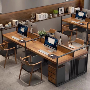 American Solid Wood Desk 4-Person Desk and Chair Combination Staff Desk Card Slot Industrial Style Screen Partition Office Workstation