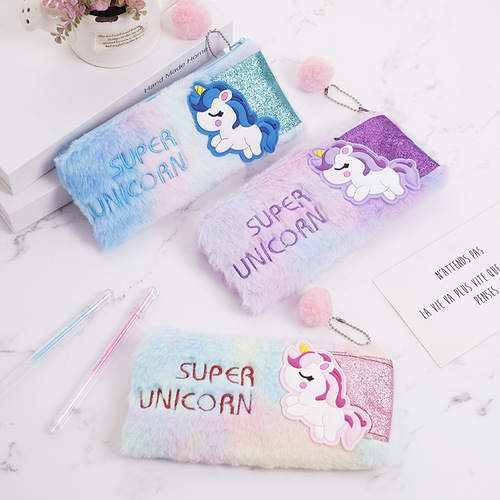 Cute Colorful Unicorn Pencil Case for Students, Large Capacity Bag, Storage Bag, Girly Heart Plush Stationery Cross-border Supply Batch