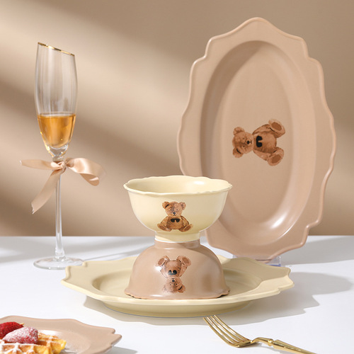 Ins Bear Set of Tableware Set Nordic Home Use Plate Bowl Spoon Western Dinnerware Cute Ceramic Tableware Gift Box Wholesale