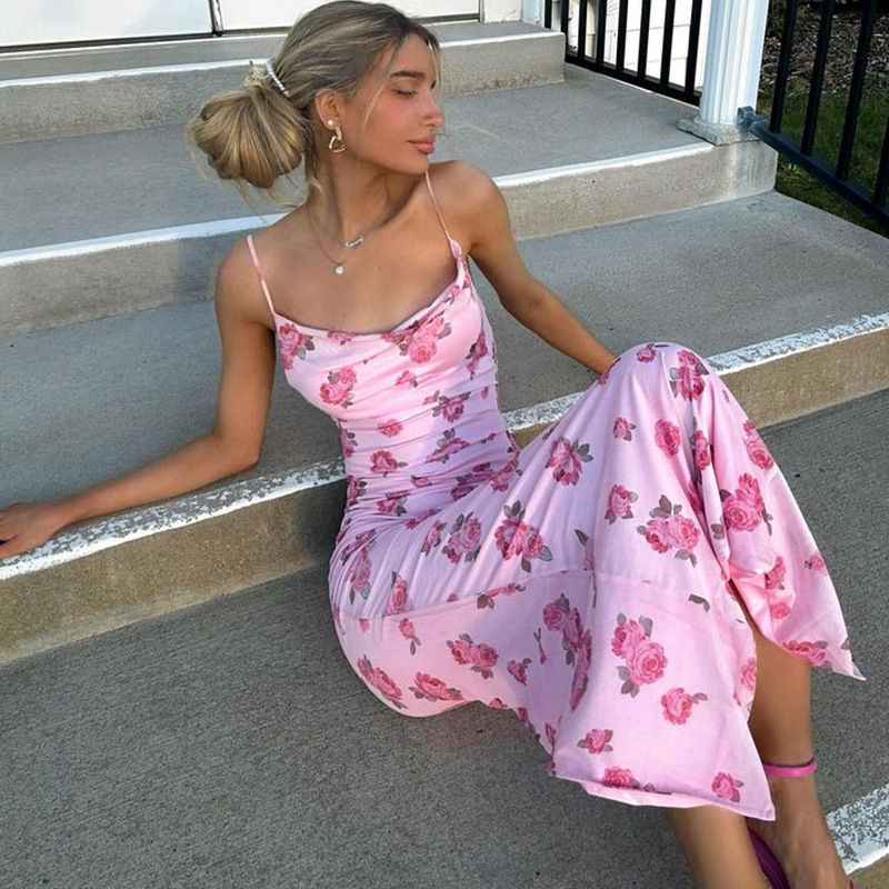 Cross-border European and American Sexy Strap Backless Rose Print Long Dress Seaside Vacation Slim-fit U-neck Elegant Dress