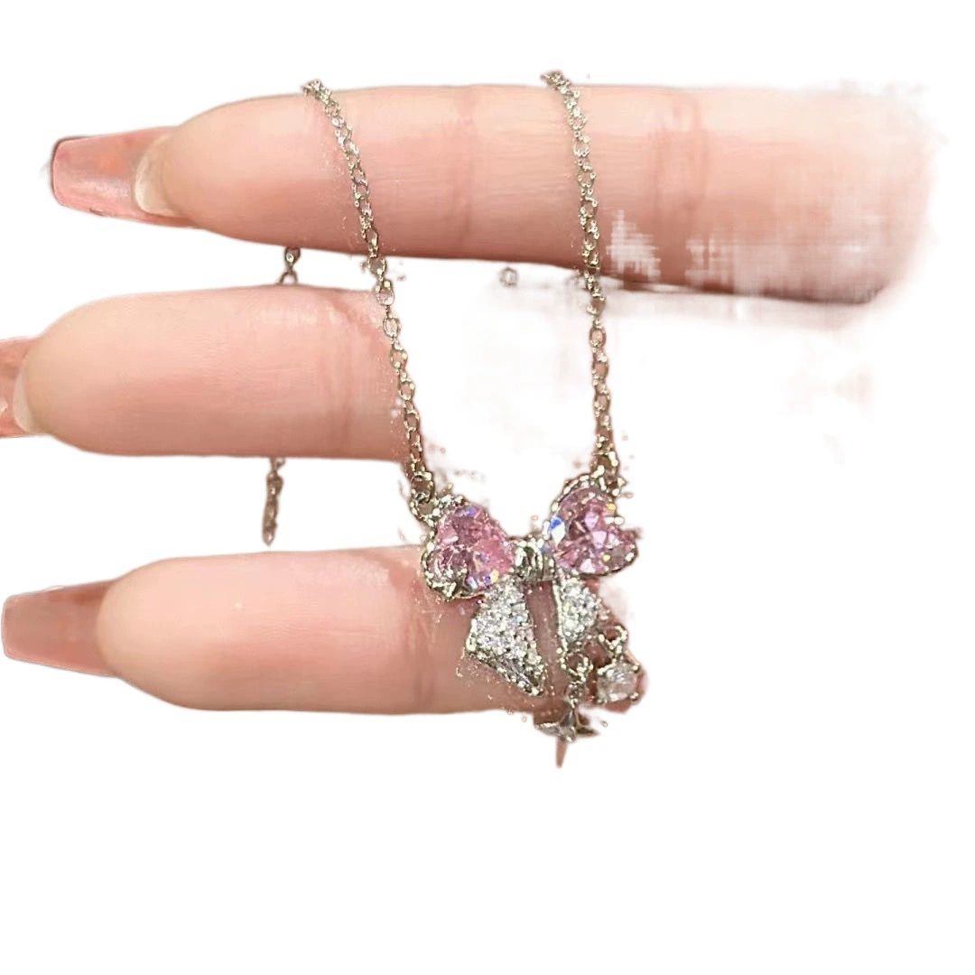  Bow Pendant Necklace, Pink Crystal Bow, Universal Chain for Bag or Keys, Light Luxury Style