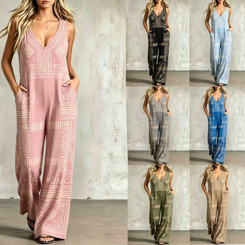 2026 New Summer Style Bohemian Printed Sleeveless Jumpsuit European and American Loose-Fitting Slimming Wide-Leg Jumpsuit 2026 New Summer Style Bohemian Printed Sleeveless Jumpsuit European and American Loose-Fitting Slimming Wide-Leg Jumpsuit