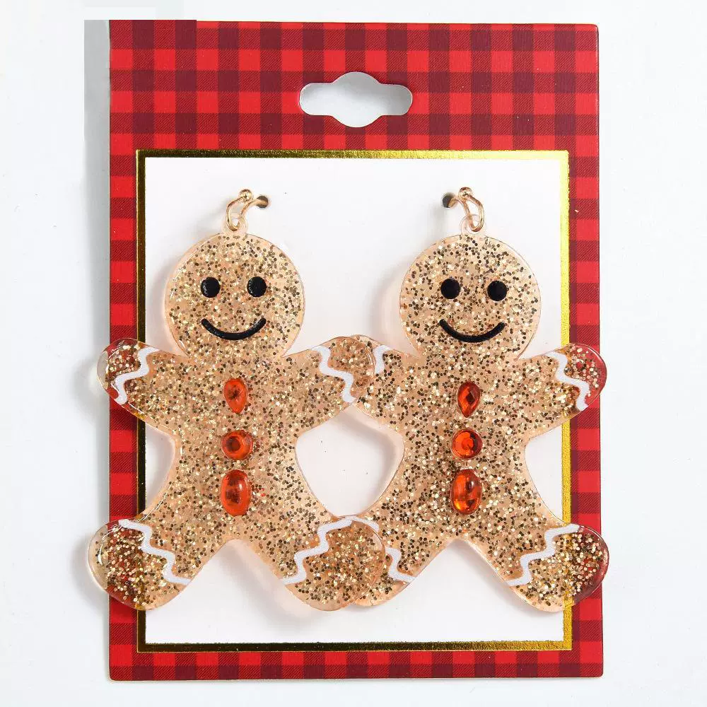 Earrings gingerbread man, glitter dangle earrings, lightweight holiday accessory