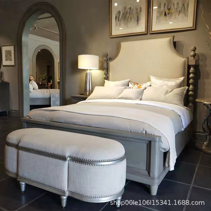 美式实木法式简约轻奢柱子床复中古酒店卧室民宿双人1.51.8米婚床