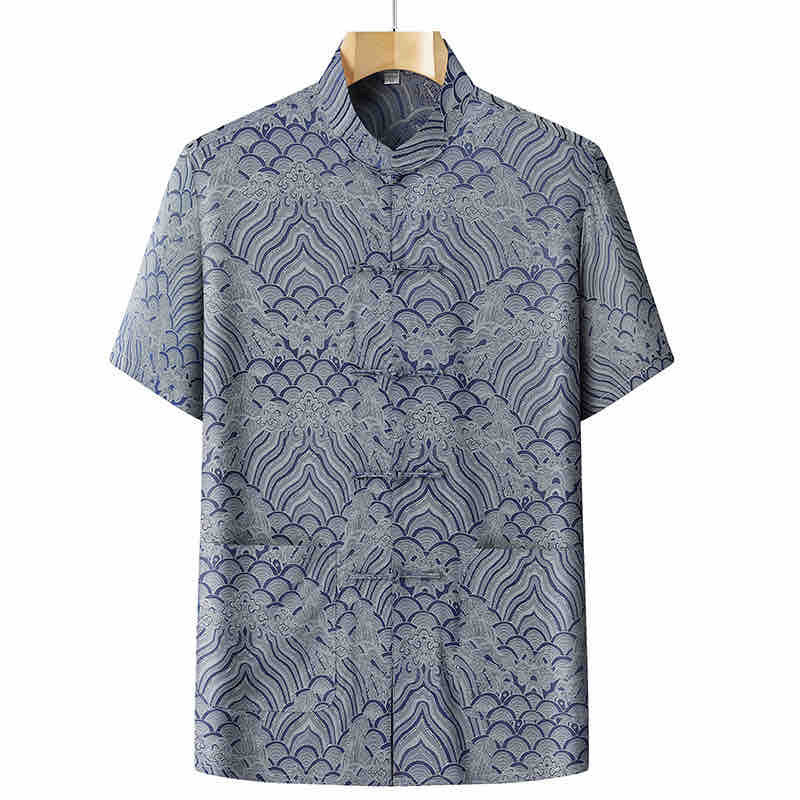 高級マルベリーシルクおじいちゃん夏服中国風お父さんツーピース半袖シルク中国風スーツ夏薄手スタイル|undefined