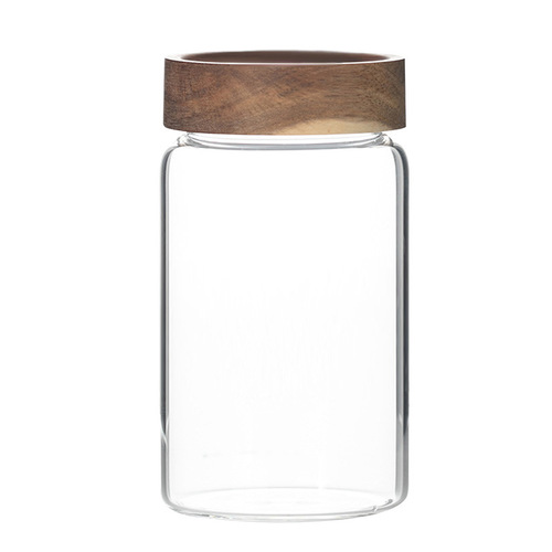 Household food-grade glass storage jar coffee beans whole grains tea sealed jar kitchen wooden lid storage bottle