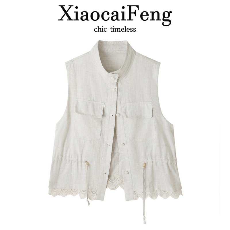 Old Money Style Cotton and Linen Sleeveless Vest for Women, 2026 Spring/Summer, Waist-Cinching, Slimming, Outerwear with Lace Trim