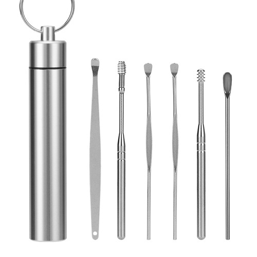 [6-piece set] Stainless steel ear pick, spiral ear pick, ear picking tool, portable ear pick set