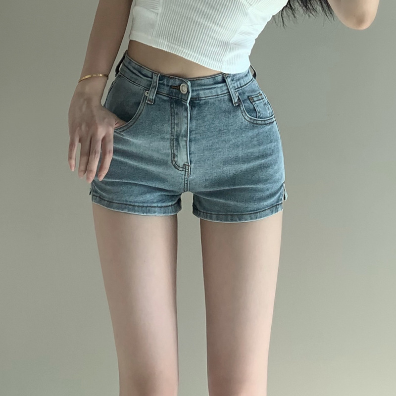 High-Waisted Retro Blue Slit Denim Shorts for Women 2026 New Summer Tight-Fitting Hot Pants for Petite Women Ultra-Short Shorts