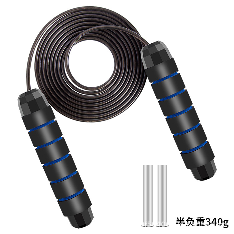 검정색과 파란색의 무게가 있는 강철 와이어 줄넘기 340g