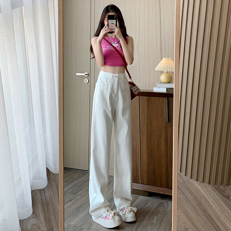 White High Waist Jeans Women's Spring and Summer New Loose Slim Look Small American Style High Street Narrow Straight Wide Leg Pants