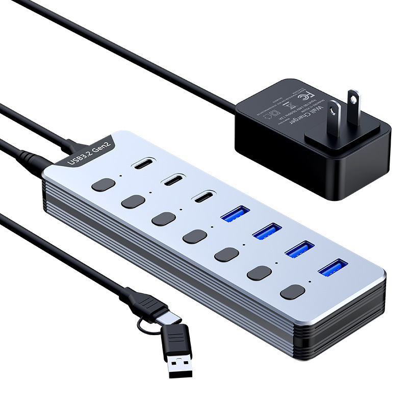 Cross-border 7-port USB3.2 Gen2 hub, aluminum alloy computer USB high-speed docking station converter splitter Cross-border 7-port USB3.2 Gen2 hub, aluminum alloy computer USB high-speed docking station converter splitter