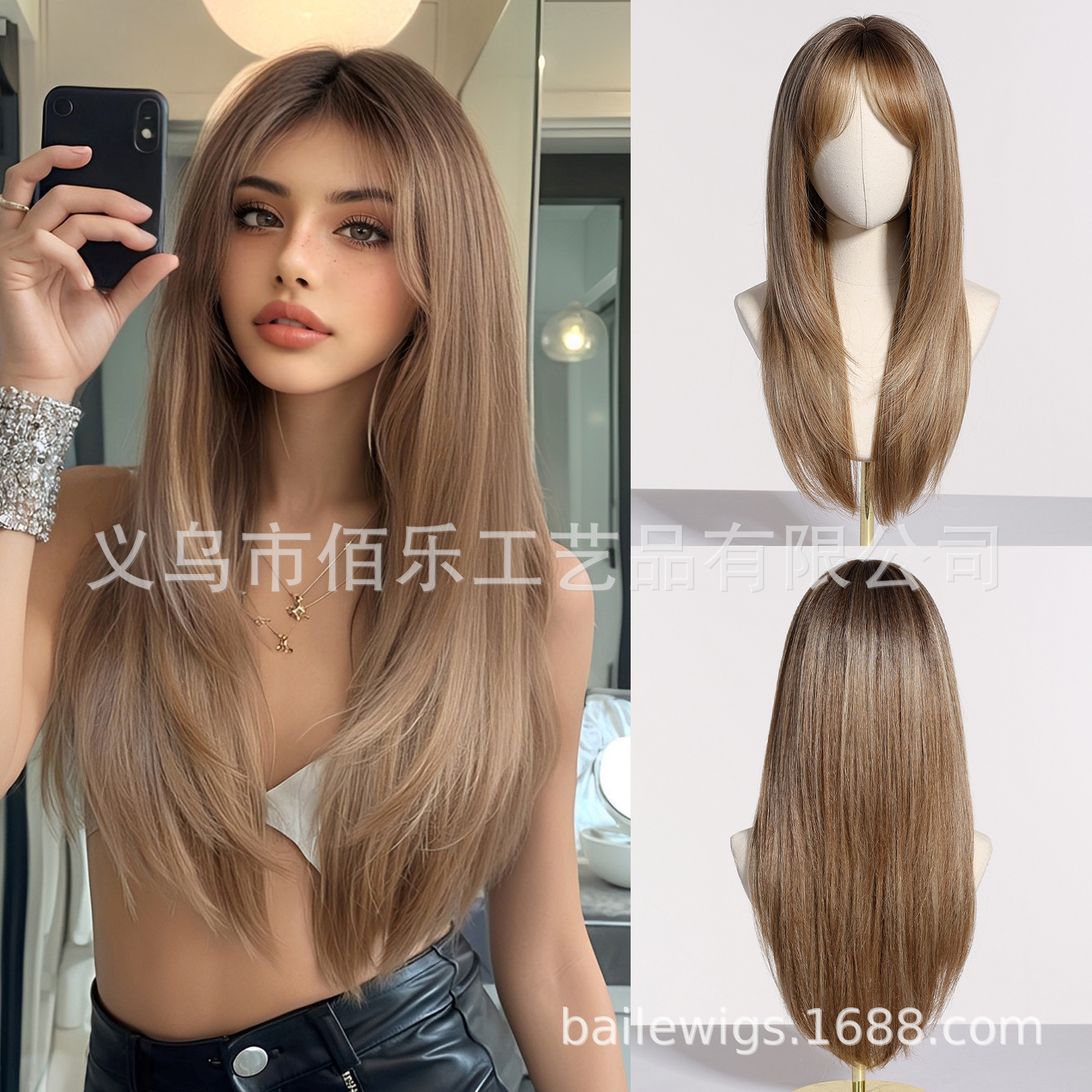 Peluca transfronteriza de ocho caracteres flequillo marrón, corte de pelo largo y liso, capa europea y americana, cubierta de cabeza completa, punto de fábrica wigs
