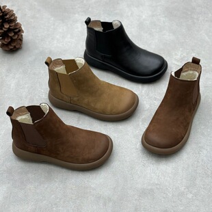 Handmade Artistic Genuine Leather Cotton Shoes 25 Winter Casual Round-Toe Flats-Soled Fleece-Lined Warm Cowhide Women's Chelsea Boots