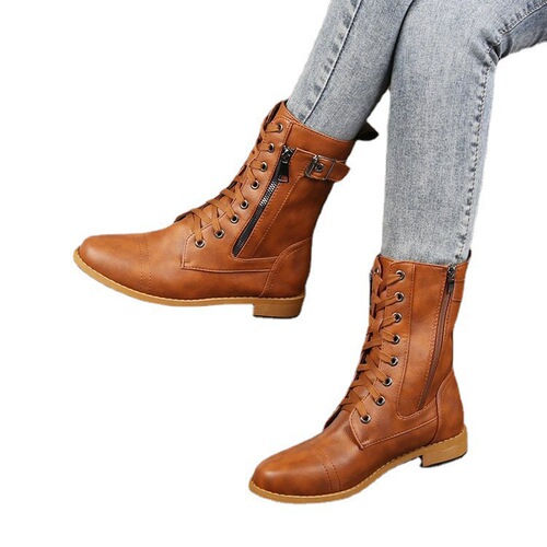Martin boots for women, size large, round toe, thick heel, laced, side zipper, solid color, mid-calf