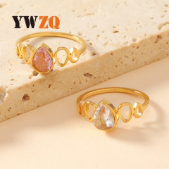 ヨーロッパとアメリカのクロスボーダーステンレス鋼ジュエリーカラージルコン幾何学ドロップ型ラブリング女性用 18K ゴールドメッキリング