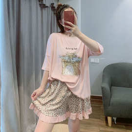 夏季可爱猫咪豹纹莫代尔短袖短裤睡衣女夏甜美休闲薄款家居服套装