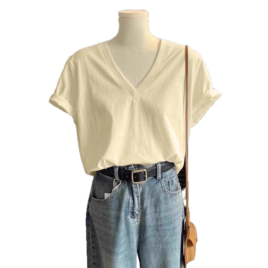 White Front Shoulder Short-sleeved Women's T-shirt Summer 2025 New Top Popular Fat MM Large Size Korean Version Loose V-neck Bottoming Shirt_ecoleips.com