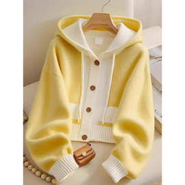 复古风拼接连帽设计感毛衣外套针织开衫显瘦长袖宽松休闲上衣舒适