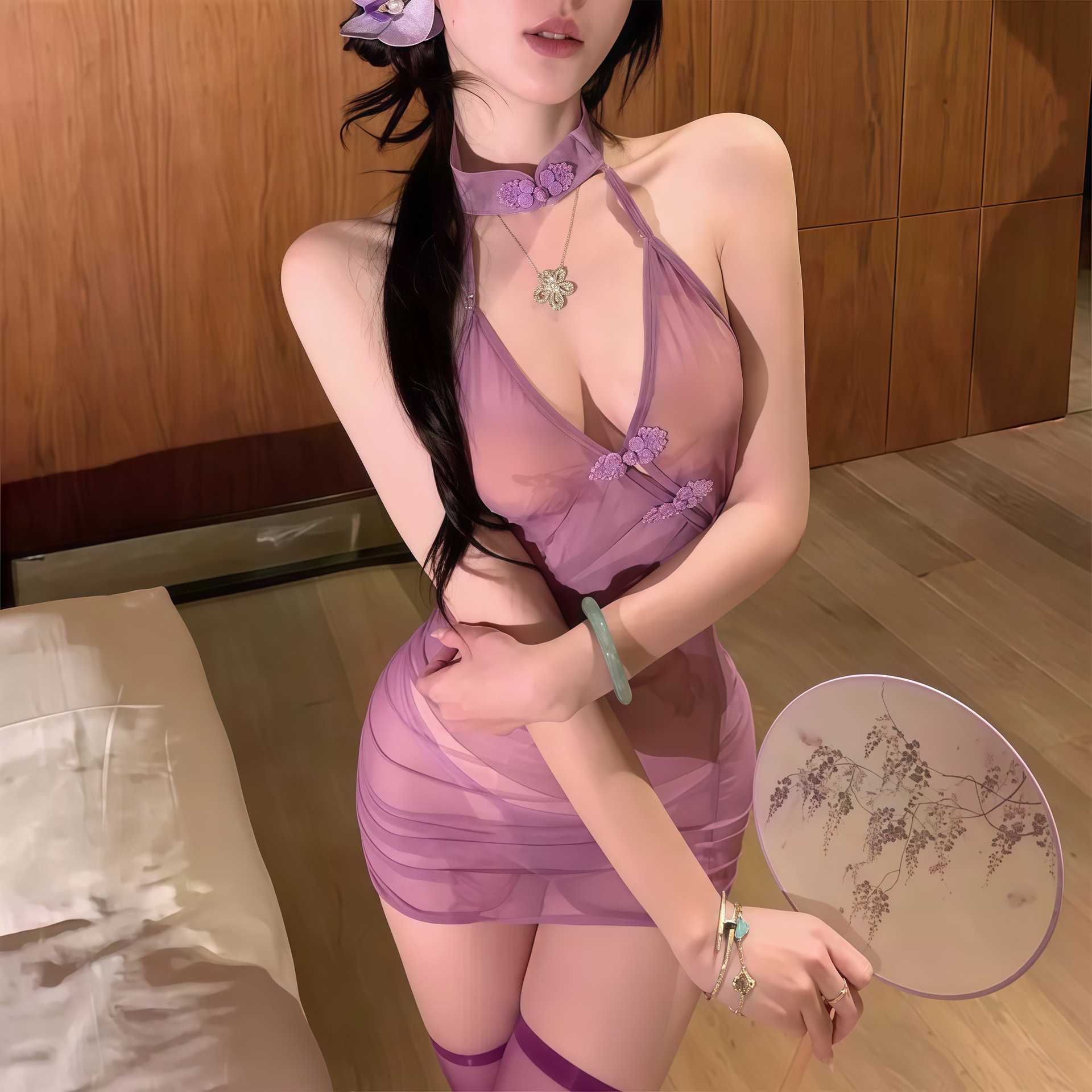 보라색 시스루 치파오 [치파오+속옷]