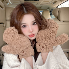 Winter Ins Fleece Warm Bear Mittens for Women, Cute and Fun Student Cycling Thick Neck Hanging Cold Protection Fingerless Gloves
