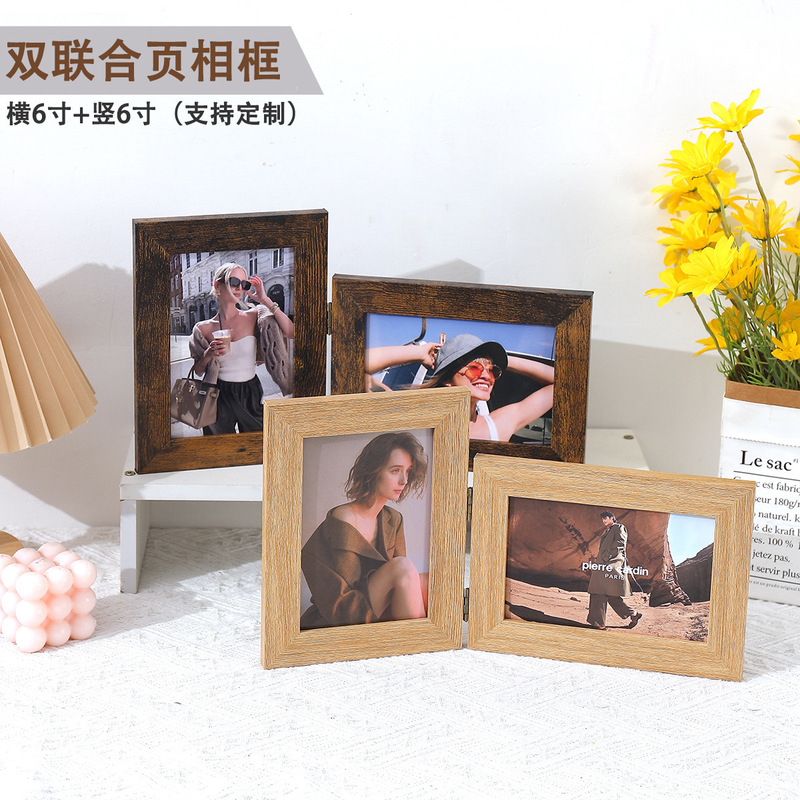 Double-fold vintage photo frame 6inch hinged photo frame desktop display frame distressed wooden folding hinge photo frame Double-fold vintage photo frame 6inch hinged photo frame desktop display frame distressed wooden folding hinge photo frame